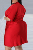 Red Casual Solid Patchwork Shirt Dress Plus Size Dresses