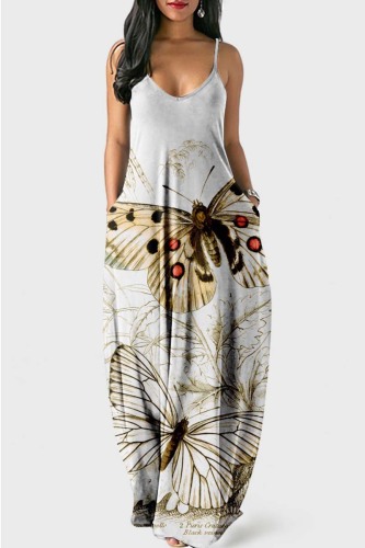 Gray White Sexy Casual Butterfly Print Backless Spaghetti Strap Long Dress Dresses