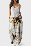 Apricot Yellow Sexy Casual Butterfly Print Backless Spaghetti Strap Long Dress Dresses