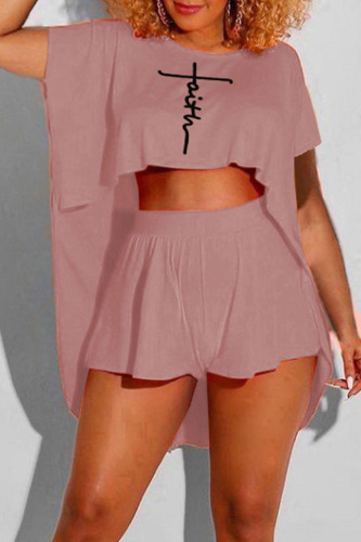 Pink Casual Print Patchwork O Neck Short Sleeve Two Pieces