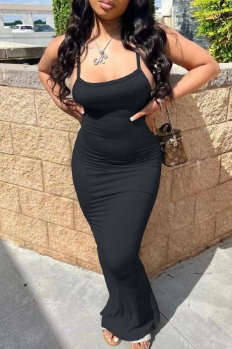 Black Sexy Solid Patchwork Slit Spaghetti Strap Pencil Skirt Dresses