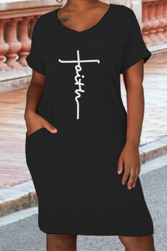 Black White Casual Letter Print Basic O Neck Short Sleeve Dress Plus Size Dresses