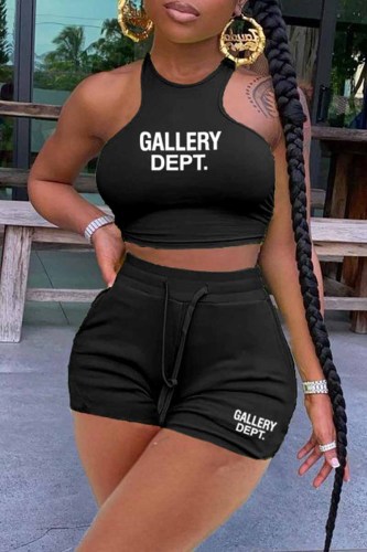 Black Casual Print Letter O Neck Sleeveless Two Pieces