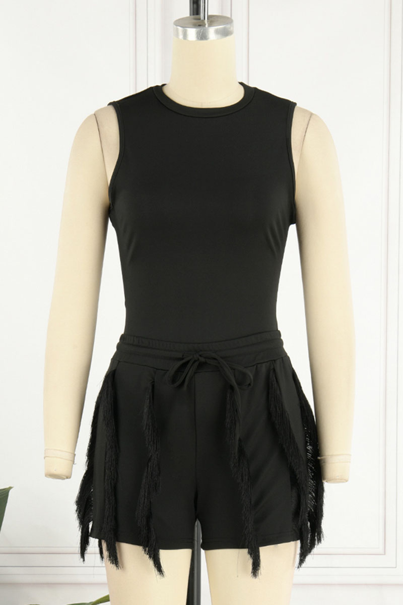 Sexy Solid Tassel Patchwork Hot Drill U Neck Tops