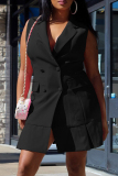 Black Casual Solid Patchwork Turn-back Collar Suit Dress Dresses