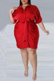 Red Casual Solid Patchwork Shirt Dress Plus Size Dresses