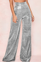 Silver Casual Solid Patchwork Regular High Waist Conventional Solid Color Trousers