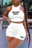 White Casual Print Letter O Neck Sleeveless Two Pieces