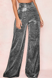 Silver Casual Solid Patchwork Regular High Waist Conventional Solid Color Trousers