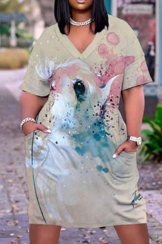 Grey Casual Print Patchwork V Neck Printed Dress Dresses