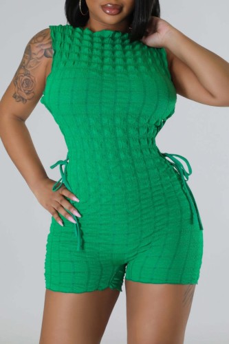 Green Casual Solid Bandage O Neck Skinny Romper