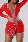 Red Sexy Patchwork Hot Drilling See-through V Neck Skinny Romper