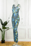 Blue Sexy Print Patchwork See-through U Neck Skinny Jumpsuits