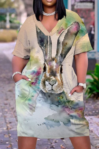Gray Green Casual Print Patchwork V Neck Printed Dress Dresses