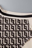 Khaki Casual Print Patchwork Slit Oblique Collar Long Sleeve Two Pieces