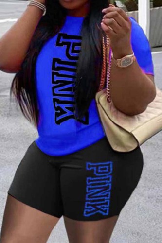 Blue Black Casual Print Letter O Neck Short Sleeve Two Pieces