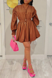Coffee Casual Solid Patchwork V Neck Long Sleeve Dresses