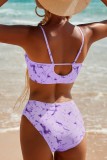 Purple Sexy Print Tie Dye Frenulum Backless Swimwears (With Paddings)