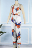 The cowboy blue Sexy Print Bandage Patchwork Backless Spaghetti Strap Regular Jumpsuits