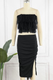 Black Sexy Solid Patchwork Feathers Slit Strapless Sleeveless Two Pieces