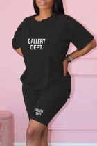 Black Casual Print Letter O Neck Short Sleeve Two Pieces