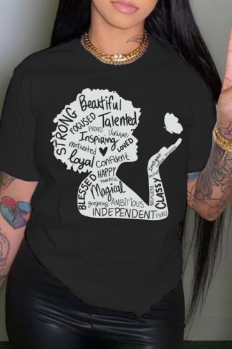 Black Casual Print Basic O Neck T-Shirts