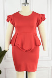 Rose Red Casual Solid Patchwork Flounce O Neck One Step Skirt Plus Size Two Pieces