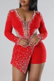 Red Sexy Patchwork Hot Drilling See-through V Neck Skinny Romper