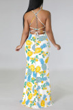 White Sexy Print Patchwork Backless Trumpet Mermaid Dresses