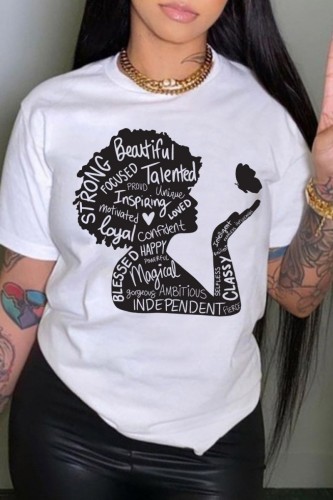 White Casual Print Basic O Neck T-Shirts