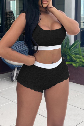 Black Sexy Solid Patchwork Spaghetti Strap Sleeveless Two Pieces