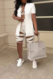 White Sexy Solid Ripped Turndown Collar Short Sleeve Two Pieces