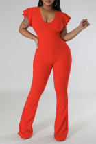 Red Sexy Solid Patchwork U Neck Loose Jumpsuits