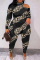 Black White Casual Print Hollowed Out Patchwork Half A Turtleneck Plus Size Two Pieces