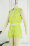 Yellow Casual Solid Basic Hooded Collar Sleeveless Two Pieces