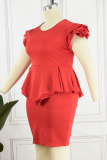 Rose Red Casual Solid Patchwork Flounce O Neck One Step Skirt Plus Size Two Pieces