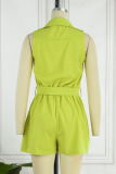 Yellow Casual Solid Patchwork Without Belt Turndown Collar Regular Rompers (Without Belt)