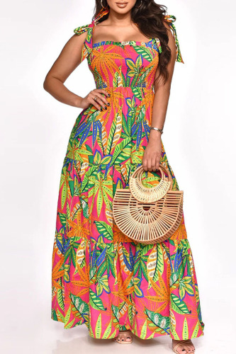 Rose Red Sweet Print Bandage Patchwork Spaghetti Strap Sling Dress Dresses