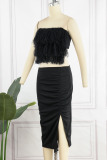 Black Sexy Solid Patchwork Feathers Slit Strapless Sleeveless Two Pieces