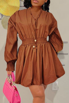 Coffee Casual Solid Patchwork V Neck Long Sleeve Dresses