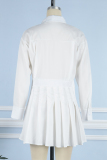 White Casual Solid Patchwork Turndown Collar Pleated Dresses (Without Waist Chain)