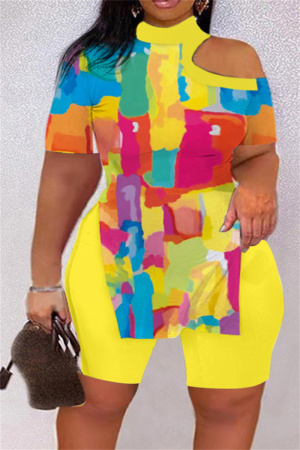 Yellow Casual Print Hollowed Out Slit Printing Contrast Turtleneck Short Sleeve Two Pieces
