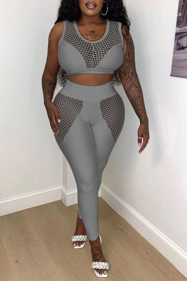 Grey Sexy Solid Mesh U Neck Sleeveless Two Pieces