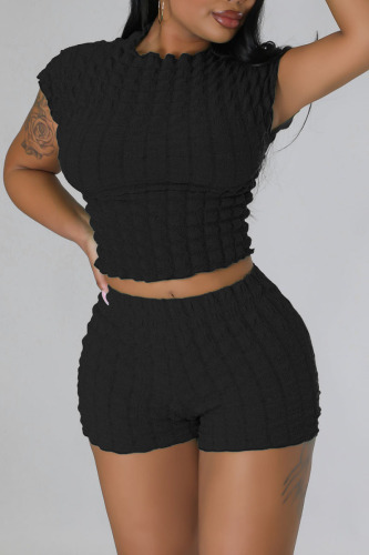Black Casual Sportswear Solid Patchwork O Neck Short Sleeve Two Pieces