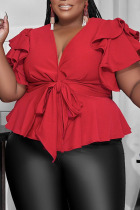 Burgundy Casual Solid Bandage Patchwork V Neck Plus Size Tops