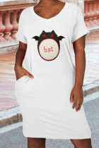 White Red Casual Letter Print Basic O Neck Short Sleeve Dress Plus Size Dresses
