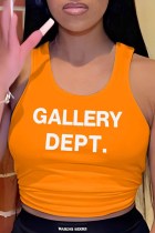 Orange Casual Print Letter U Neck Plus Size Tops