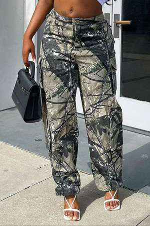 Camouflage Casual Street Print Patchwork Pocket High Waist Straight Full Print Bottoms