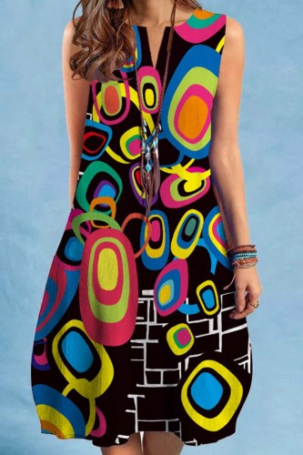 Multicolor Casual Print Basic V Neck Sleeveless Dress Dresses