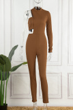Dark Brown Sexy Casual Solid Patchwork Turtleneck Long Sleeve Jumpsuit Two Pieces